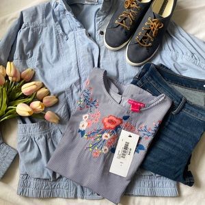 NWT! Pinstripe, embroidered floral top